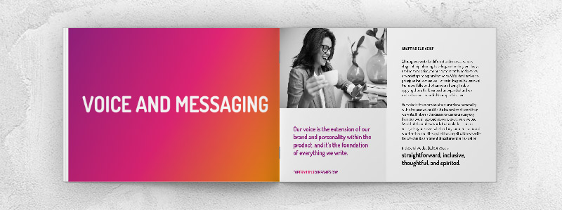 The example of voice and messaging in a brand book