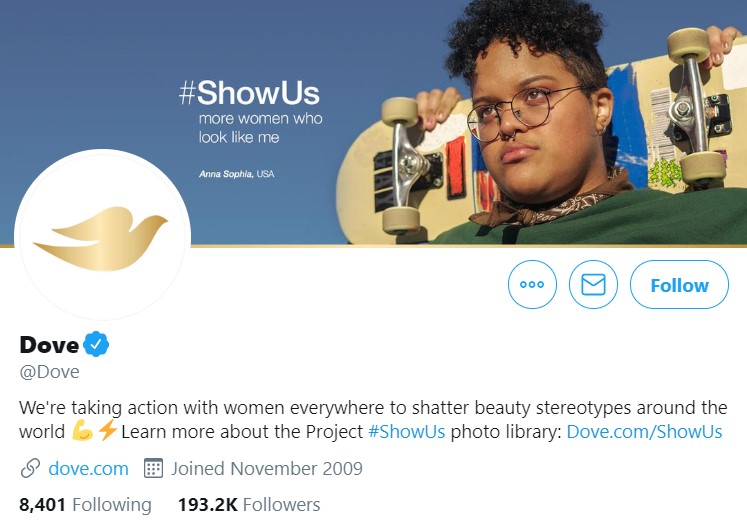 Brand voice example: Dove's Twitter profile
